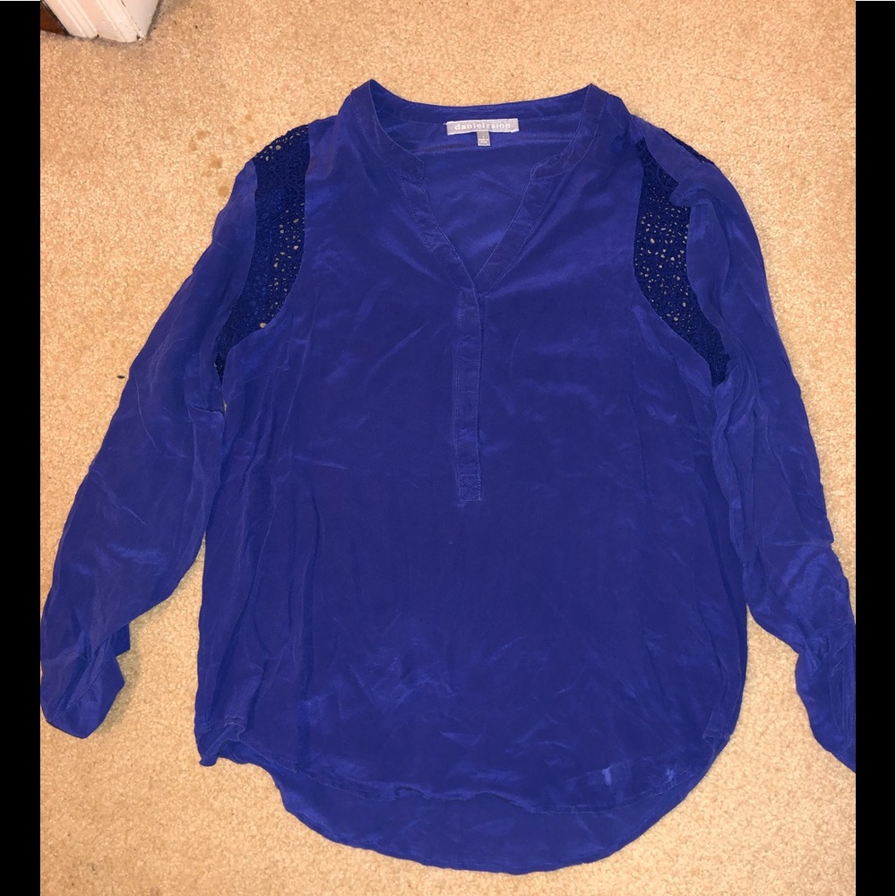 Daniel Rainn Blue Printed Sheer Blouse Womens Size L Boho Peasant Work Top